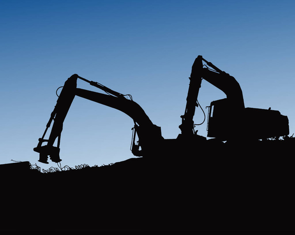 産業建設現場で掘っていた作業員、トラクター ショベル ローダー ベクトル背景イラスト - ベクター画像