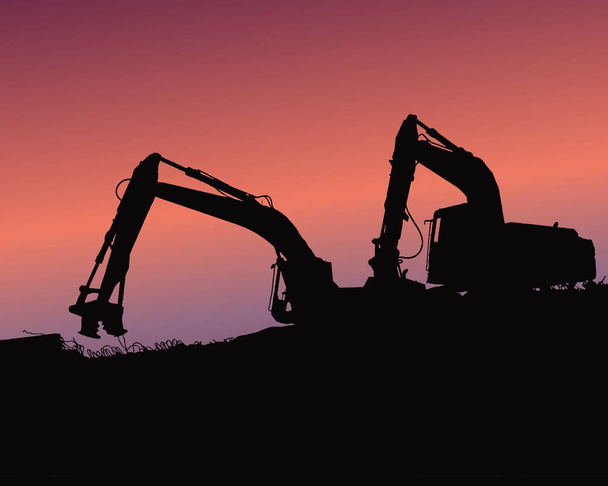 産業建設現場で掘っていた作業員、トラクター ショベル ローダー ベクトル背景イラスト - ベクター画像