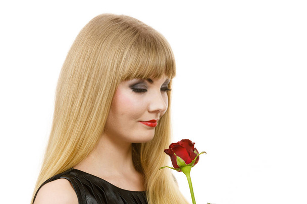 Woman gorgeous girl dark makeup holds rose flower - Zdjęcie, obraz