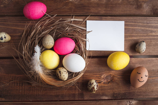 Easter eggs  on rustic wooden  background . - Fotó, kép