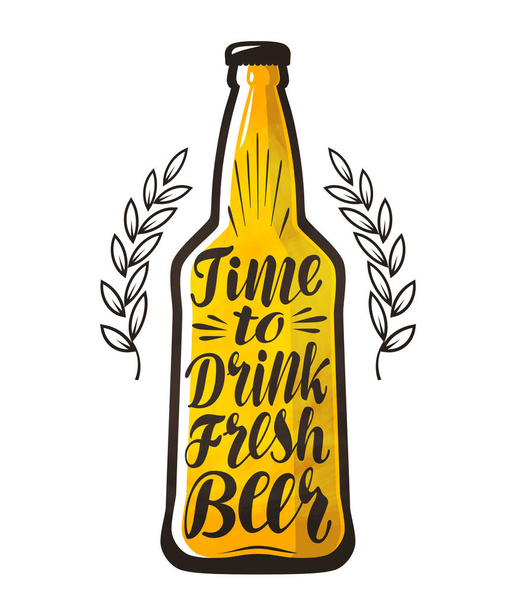 Bottle of beer, drink, brewery label. Lettering, calligraphy vector illustration. Design template for bar, pub or restaurant - Vektör, Görsel
