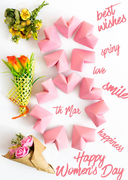 Happy International Womens Day celebrate on March 8 CARD. rose-color paper hearts shape figure eight 8 on color background - Φωτογραφία, εικόνα
