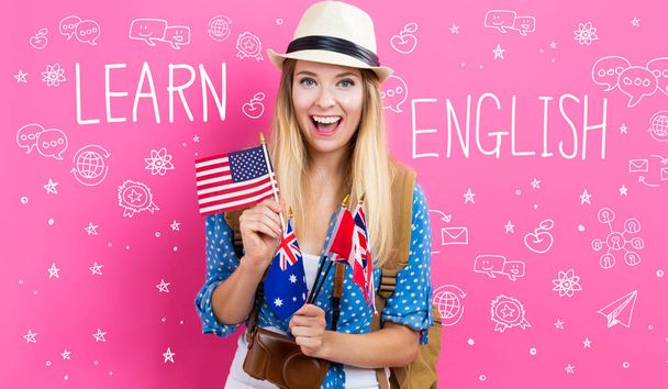 Learn English text with woman  - Foto, Bild