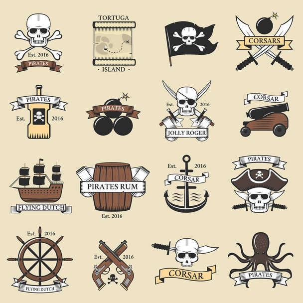 Modern professional pirate logo marine badges nautical sword old skeleton banner template and skull roger sea icon captain ocean art element vector illustration. - Vektori, kuva