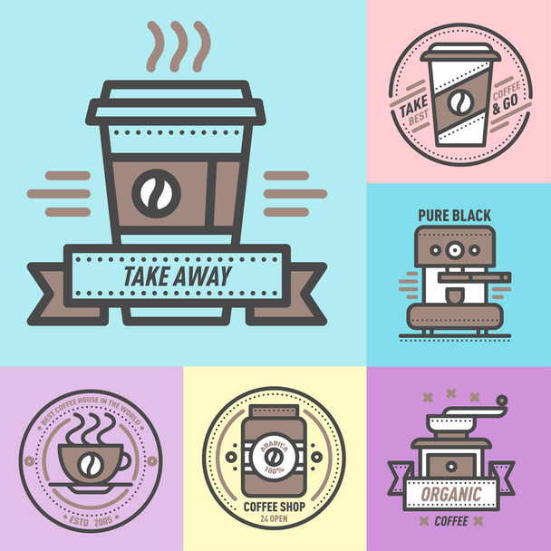 Coffee badge logo food design thin line lettering for restaurant, cafe menu coffee house and shop element beverage label sticker vector illustration. - Wektor, obraz