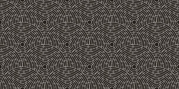 kreisförmiges nahtloses Muster aus weißem Labyrinth mit Punkten auf schwarzem Hintergrund, flach - Vektor, Bild