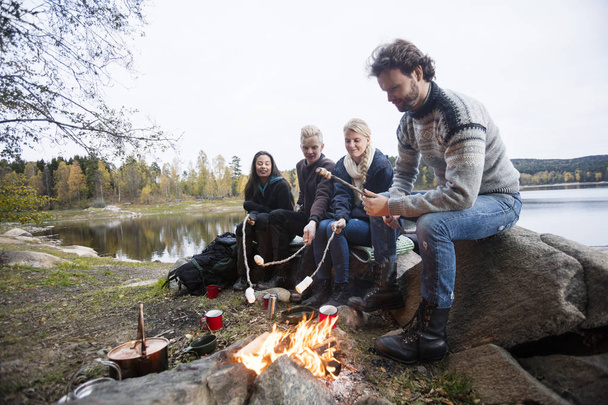 Friends Roasting Marshmallows Over Campfire At Lakeshore - 写真・画像