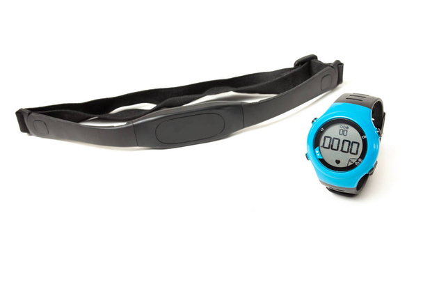 Fitness watch and chest strap of a heart rate monitor isolated - Photo, Image