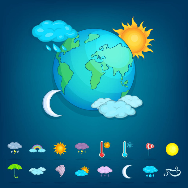 Weather symbols concept planet, cartoon style - Vetor, Imagem