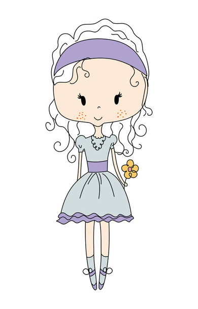 Εικόνα της ένα χαριτωμένο μικρό κορίτσι κούκλα με λουλούδι. Σχεδιασμό φόρεμα - Διάνυσμα, εικόνα