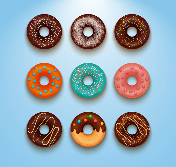 Collectie van geglazuurde gekleurde donuts vector met slagroom hagelslag. - Vector, afbeelding