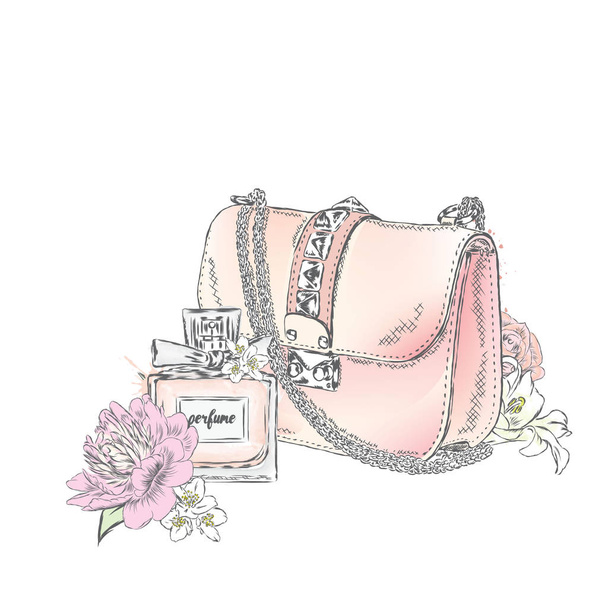 Beautiful bag with a bouquet of roses and peonies poured, and a bottle of perfume. Vector illustration. Fashion & Style. - Vector, imagen