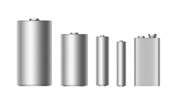 Vektor-Set aus grau-silbernen Alkaline-Batterien unterschiedlicher Größe aaa, aa, c, d, pp3 und 9 Volt Batterie in Nahaufnahme isoliert - Vektor, Bild