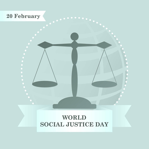 Welttag der sozialen Gerechtigkeit, Waage und Band oder Logo des Rechtsdienstes, Emblem, Unterschrift des Rechtsanwalts - Vektor, Bild