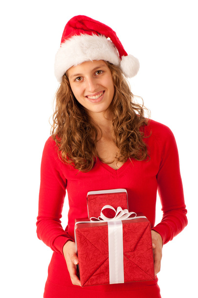 Hermosa chica vestida como Santa Claus con regalos de Navidad
 - Foto, Imagen