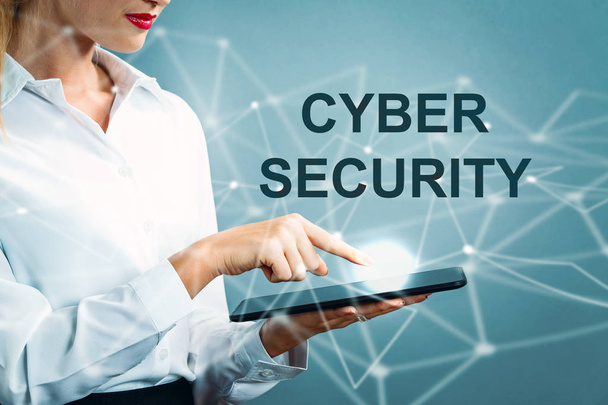 Cyber Security text with woman - Foto, imagen
