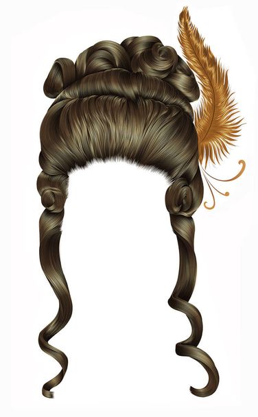 woman wig  hairs curls. medieval style rococo,baroque.high hairdress with  feather. - Vector, Image