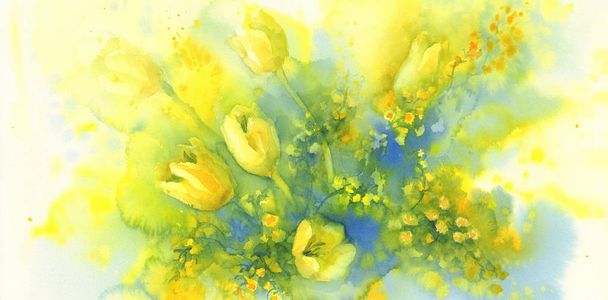 tulips and mimosa flower watercolor - Zdjęcie, obraz