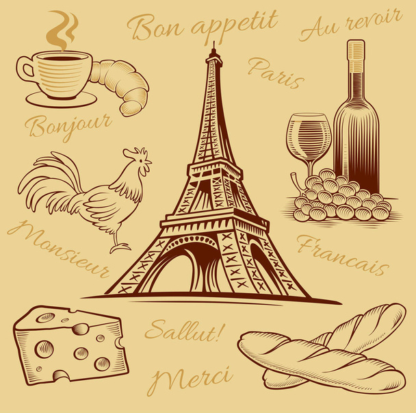 typowe dania Francja, rogalik, wino, ser, eiffel tower ręki rysunek - Wektor, obraz