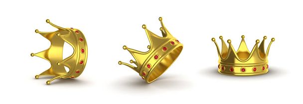 Golden crown in different positions on a white background. A col - Photo, Image