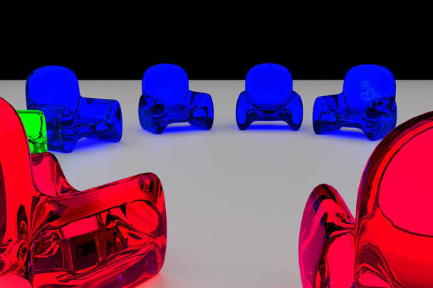 Rendendo 3D sedili trasparenti in piedi su una superficie bianca
  - Foto, immagini
