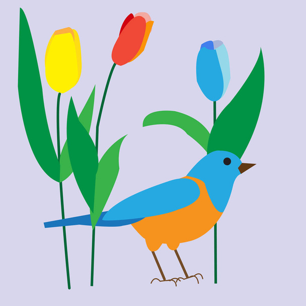 decorative bird among the delicate tulips, poster, greeting card - Vector, imagen