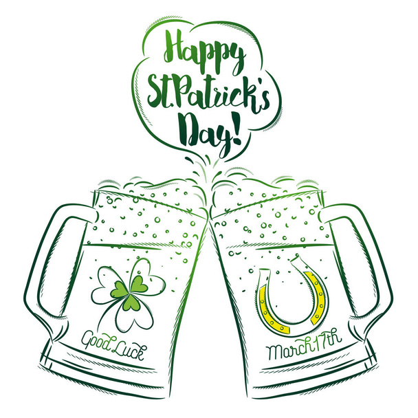Design  for  St Patricks Day with two beer mugs with labels  - Вектор,изображение