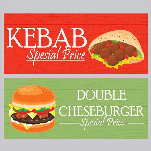 kebab en dubbele onthaal hamburger eten banner - Vector, afbeelding