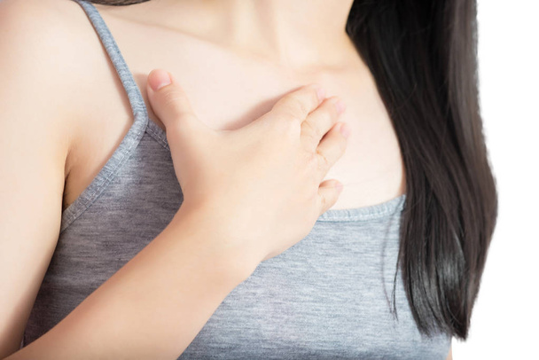 Біль у грудях або астма у жінки ізольовані на білому тлі. Відсічний контур на білому тлі
. - Фото, зображення
