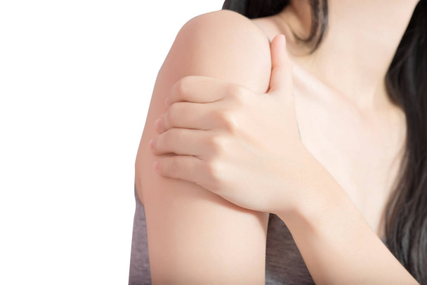 Painful arm in a woman isolated on white background. Clipping path on white background. - Photo, Image
