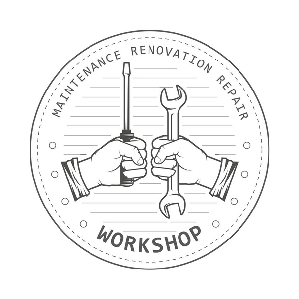 Emblema officina riparazione - mani con chiave e cacciavite
 - Vettoriali, immagini