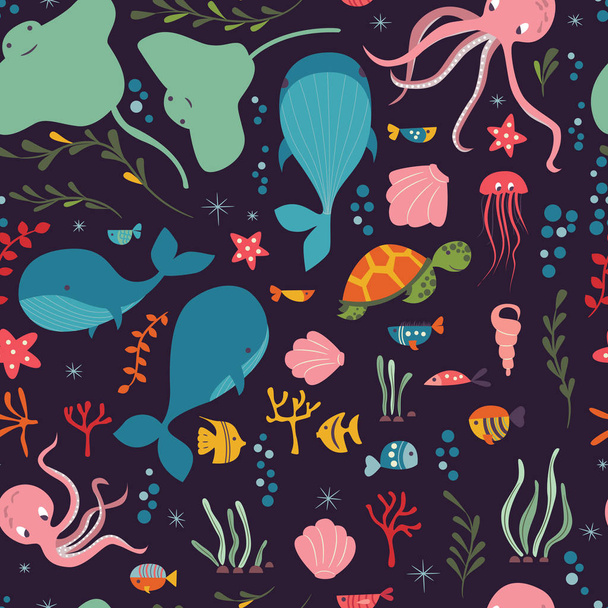 Бесшовный узор с подводными морскими животными, китами, осьминогами, скатами, медузами, черепахами, кораллами
 - Вектор,изображение
