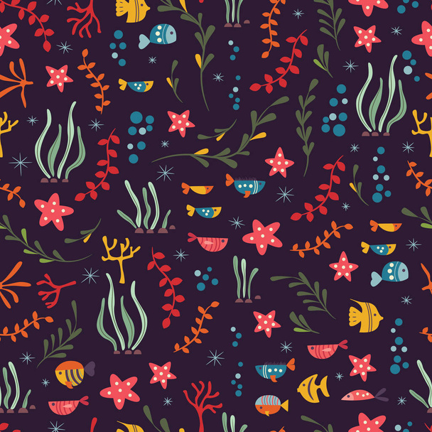 Seamless pattern with underwater ocean animals, cute fish and plants - Vector, Imagen
