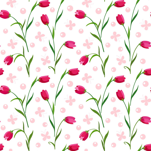 red tulips and pink butterflies - Vector, Imagen