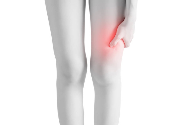 Гострий біль у стегні жінки ізольовано на білому тлі. Відсічний контур на білому тлі
. - Фото, зображення