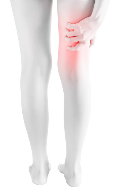 Acute pain in a woman thigh isolated on white background. Clipping path on white background. - Foto, Bild