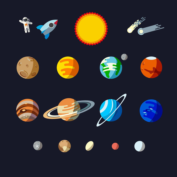 Solar system objects, flat style set. Planets and small planets such as Ceres, Pluto, Haumea, Makemake, Eris. - Vector, Image