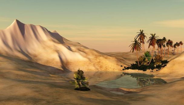 Piękna oaza na pustyni piaszczystej, palmy nad jeziorem - Zdjęcie, obraz