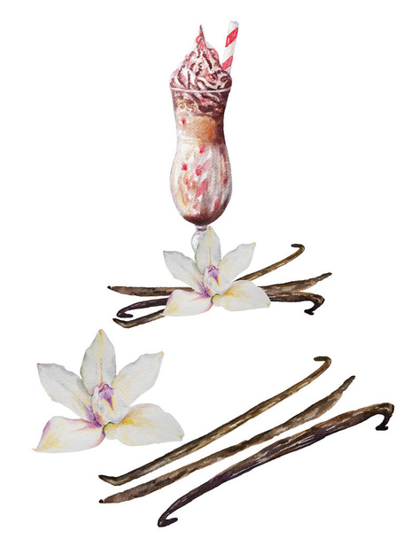 Watercolor milkshake with vanilla flower and pods - Photo, Image