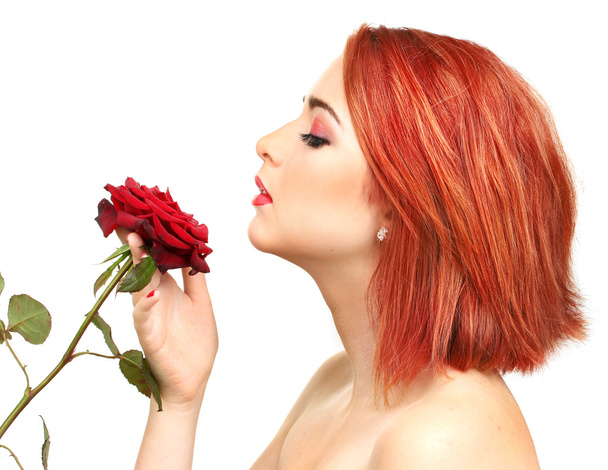 portrait of sexy young woman with red rose isolated on white - Foto, Imagem