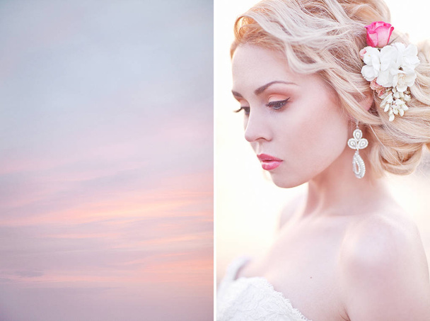 Diptych Photo. Young Brunette Bride in White Dress Posing by the Sea on Sunset - Fotó, kép