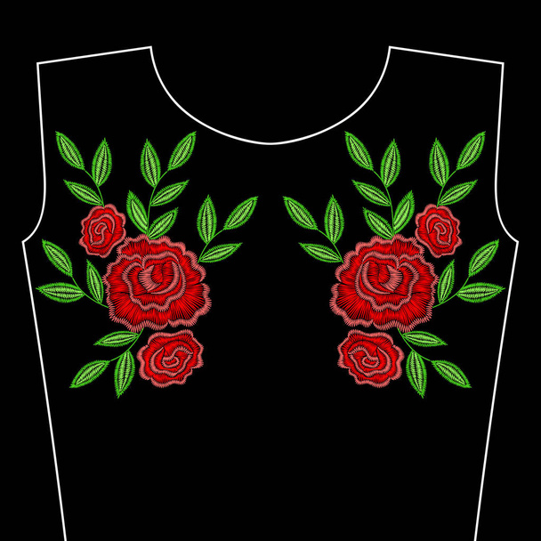Embroidery stitches with red rose flowers for neckline. Vector f - Διάνυσμα, εικόνα