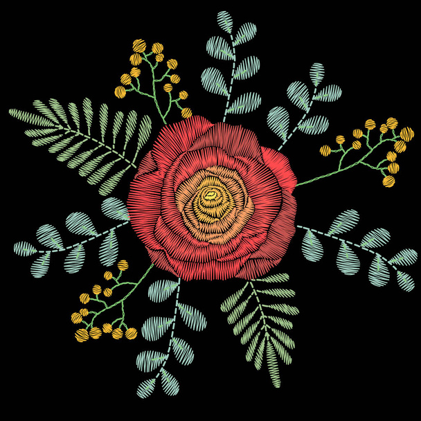 Borduur steken met Lentebloemen, rose, wilde bloemen en gras - Vector, afbeelding