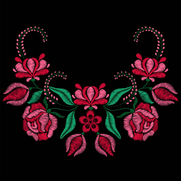 Stickereien mit Rosen, Frühlingsblumen. Halskette für Stoff, Text - Vektor, Bild