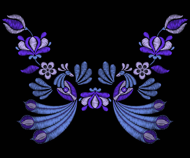 Broderie aux oiseaux de paon, fleurs d'indigo printanières. Encolure f
 - Vecteur, image