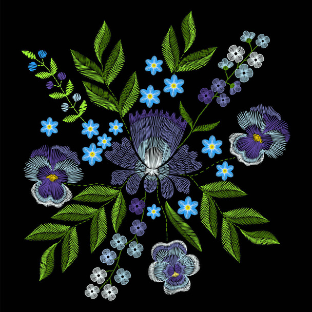 Embroidery with violets, forget me not flowers. Vector fashion o - Vector, Image