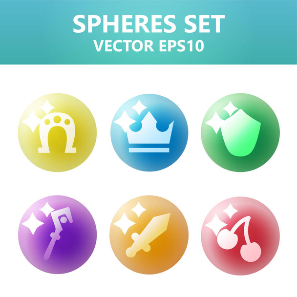 Esferas vetoriais coloridas definidas com símbolos dentro. Conjunto de ativos para design de jogos e aplicação web
.  - Vetor, Imagem