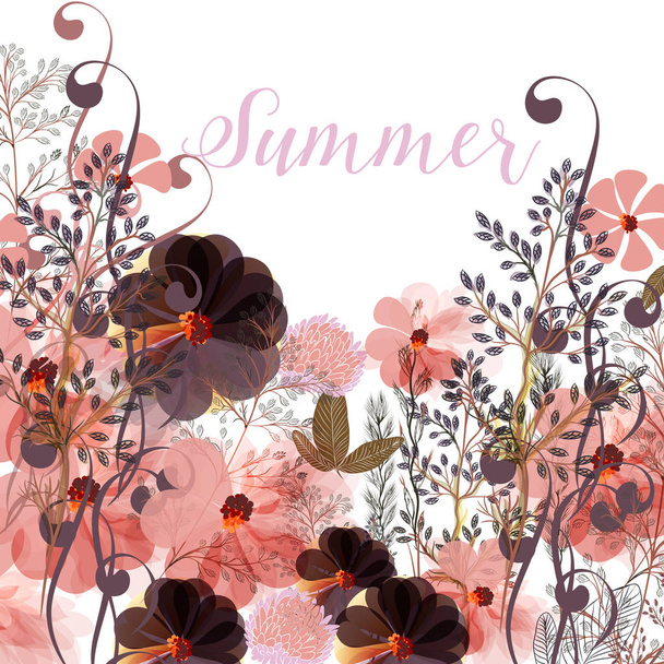 Floral illustration in pink colors with field summer flowers - Vector, imagen