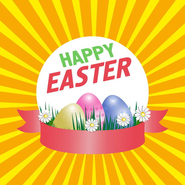 Happy Easter poster with eggs, grass, flowers and ribbon. Vector - Vektor, Bild