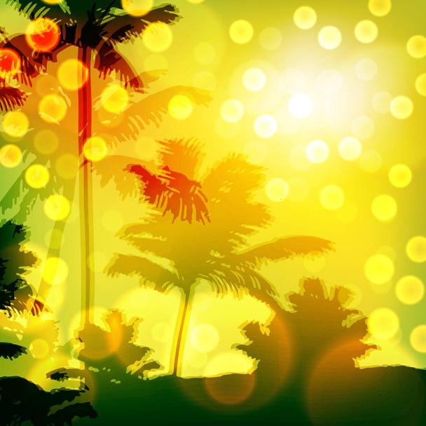 ada ve palmiye ağaçlarıyla deniz günbatımı - Vektör, Görsel